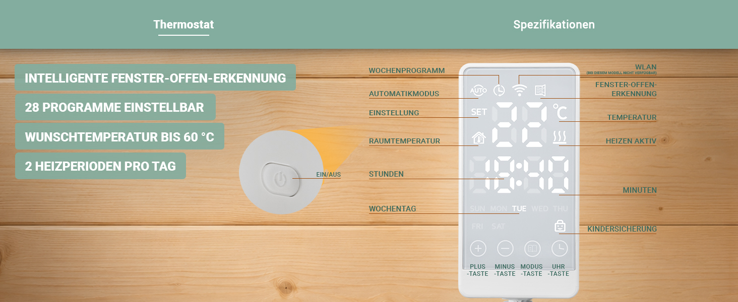 Heidenfeld HF-HP105 Thermostat mit digitalem Display, 28 einstellbaren Programmen, Fenster-Offen-Erkennung und Kindersicherung.
